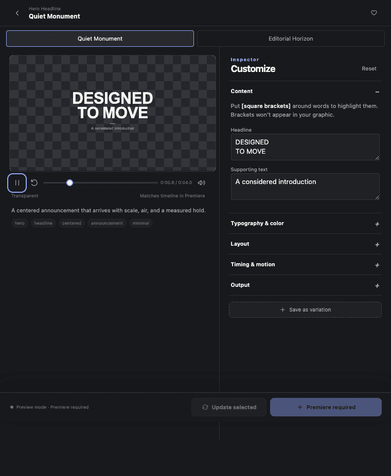 Motion Plug panel showing the Quiet Monument preview and customization inspector in Premiere Pro